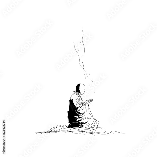 Zen monk meditation prayer spiritual enlightenment buddhism peace mindfulness sketch drawing art vector design