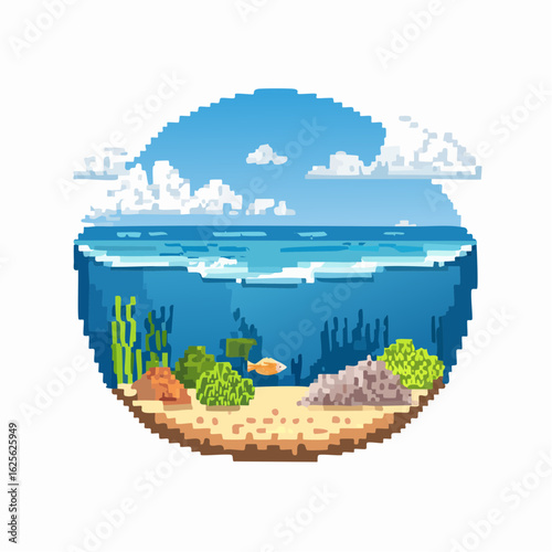 Pixelated ocean view showcasing the vibrant marine life and serene sky above the waves