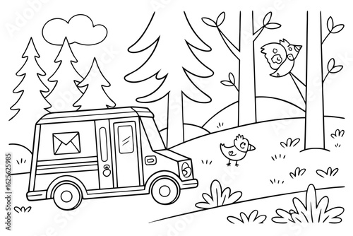 Vector Cartoon funny Mail Truck, funny image in the forest, Coloring book page for children. Line Art isolated on white background