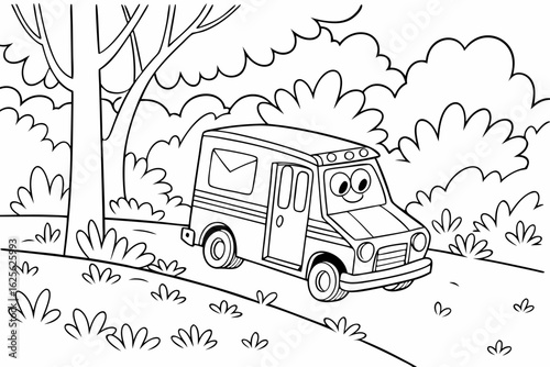Vector Cartoon funny Mail Truck, funny image in the forest, Coloring book page for children. Line Art isolated on white background