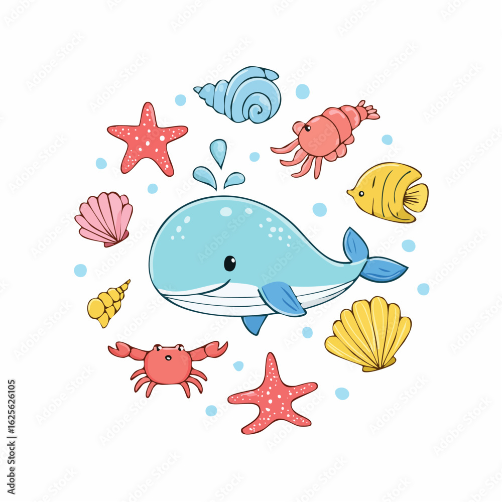 Naklejka premium Cheerful marine life: playful cartoon whale and friends in the sea, radiating joy