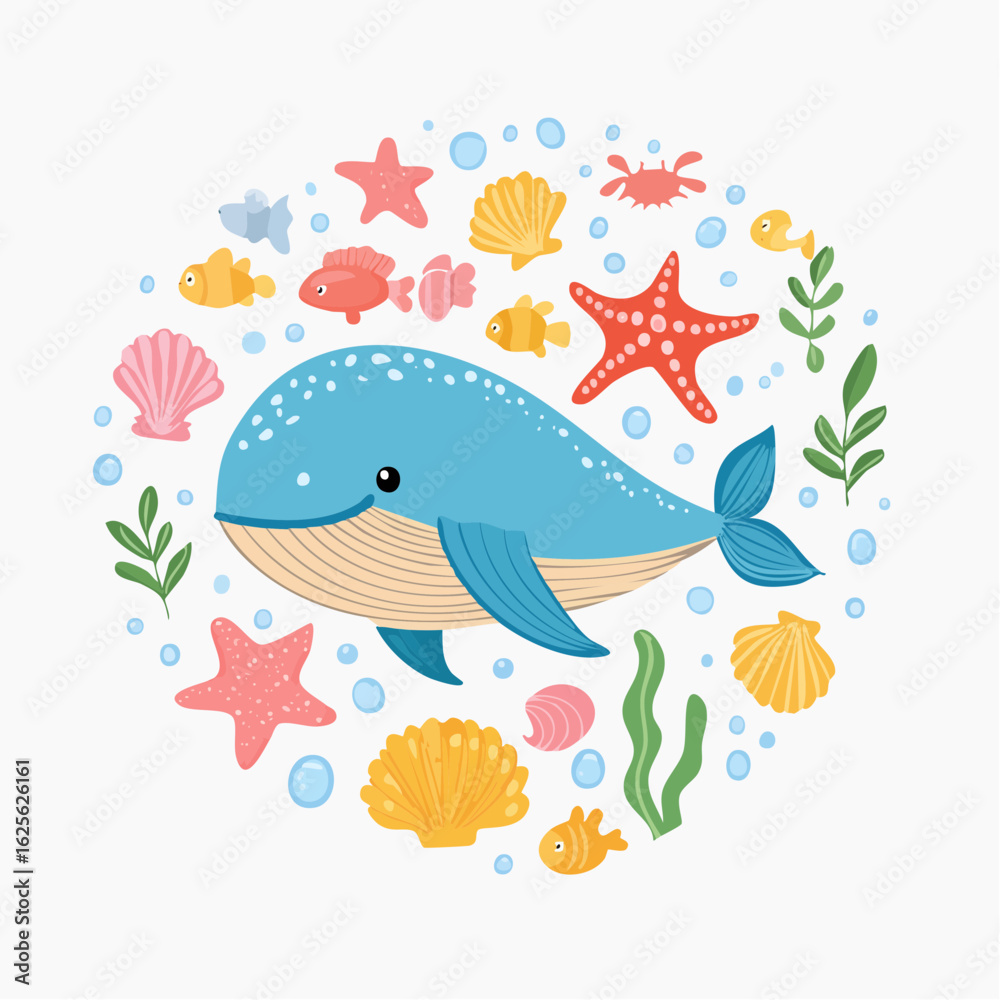 Naklejka premium A charming aquatic illustration featuring a delightful blue whale amidst sea treasures