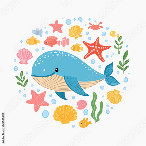A charming aquatic illustration featuring a delightful blue whale amidst sea treasures