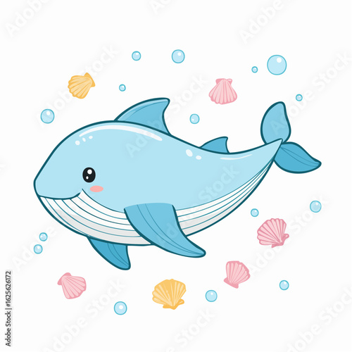 Charming Cartoon Whale Illustration Surrounded by Seashells and Bubbles for Children
