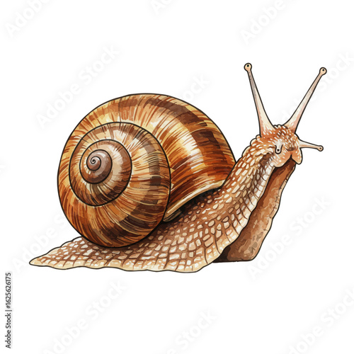 Realistic hand-drawn common garden snail animal illustration on a clean white background