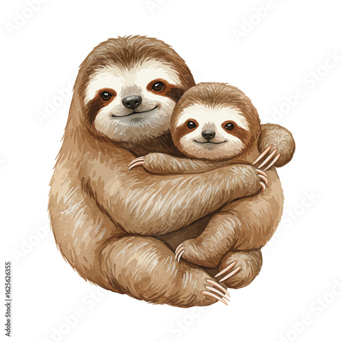 Adorable sloth parent and baby cuddling illustration for family and love concepts