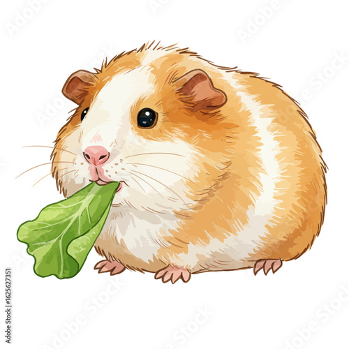 Cute fluffy guinea pig eating fresh green lettuce leaf on white background