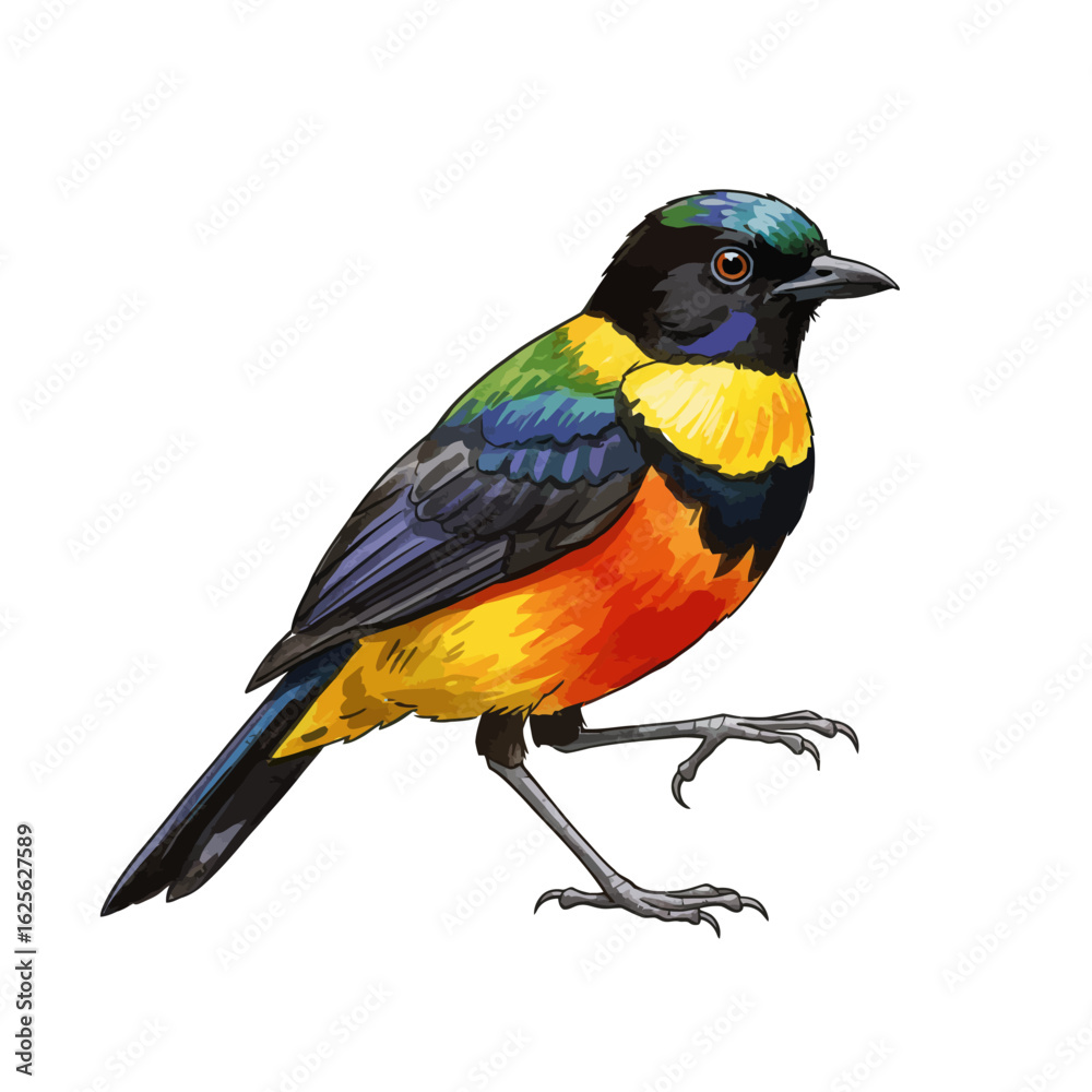 Fototapeta premium Exotic rainbow feathered bird digital art illustration isolated white background