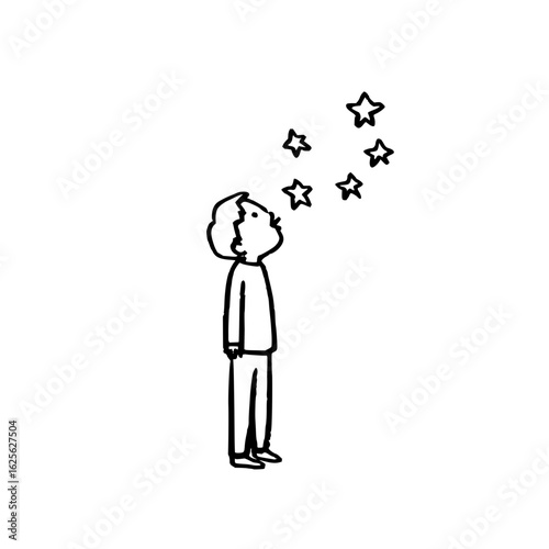 Boy stars dream night sky looking up imagination inspiration child cute drawing line art simple cartoon vector