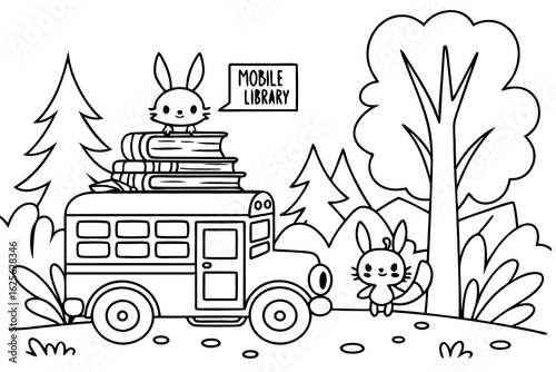 Vector Cartoon funny Mobile Library, funny image in the forest, Coloring book page for children. Line Art isolated on white background