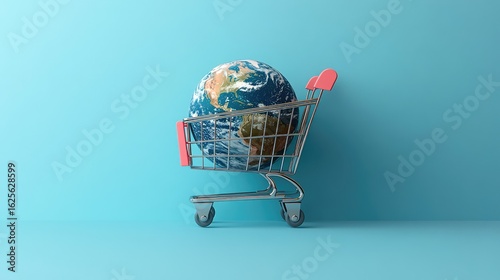 A model of planet Earth inside a miniature shopping cart. A concept for global e-commerce, international trade, consumerism, and environmental sustainability.