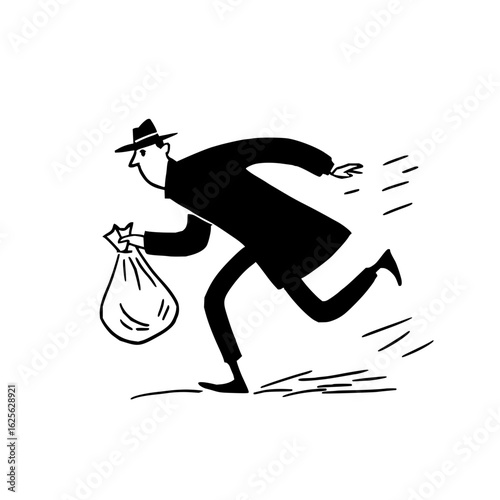 Cartoon thief running with stolen loot bag vector illustration criminal robber in suit and hat line art style