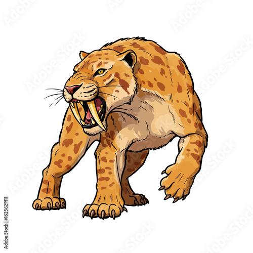 Saber Toothed Tiger Prehistoric Mammal Wildlife Illustration Ancient Extinct Beast