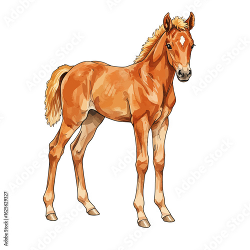 Cute baby horse foal watercolor illustration isolated on white background