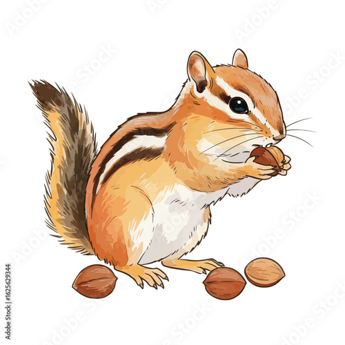 Cute Chipmunk Eating Nut Isolated Watercolor Illustration Wildlife Animal Foraging