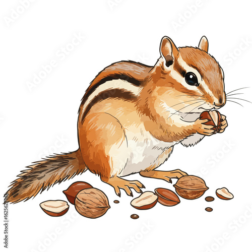 Cute chipmunk eating nuts illustration isolated on white background for wildlife themes