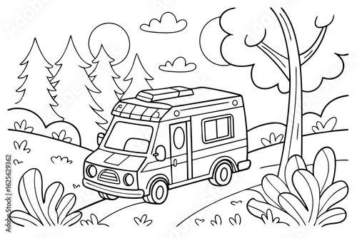 Vector Cartoon funny Movie Set Van, funny image in the forest, Coloring book page for children. Line Art isolated on white background