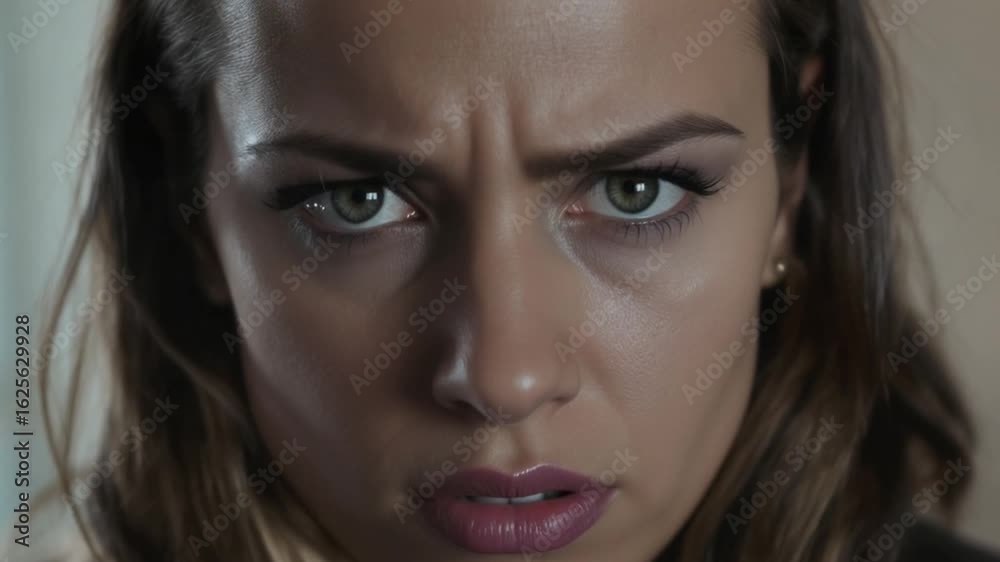 Close-up portrait of a woman with a serious, intense expression. Close-up portrait of a woman with a serious, intense expression.
