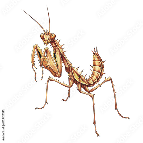 Brown Praying Mantis Insect Detailed Digital Illustration on Isolated White Background