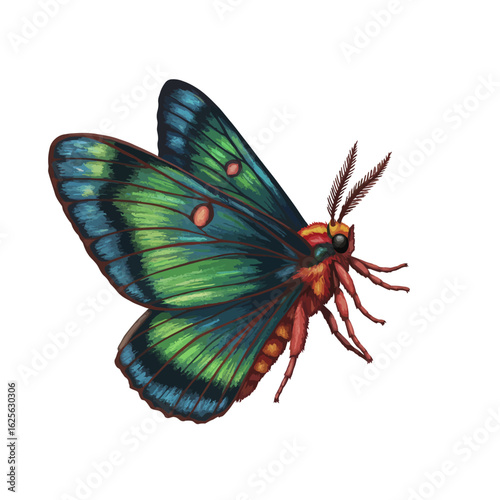 Vibrant Colorful Moth Illustration with Green and Blue Wings Isolated on White Background