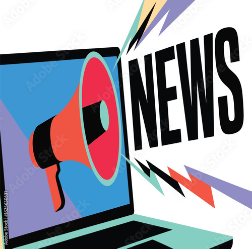 Breaking news announcement on laptop with megaphone, vibrant and modern design for social media, marketing campaigns, and urgent business updates