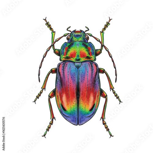 Vibrant iridescent rainbow beetle illustration isolated on white background