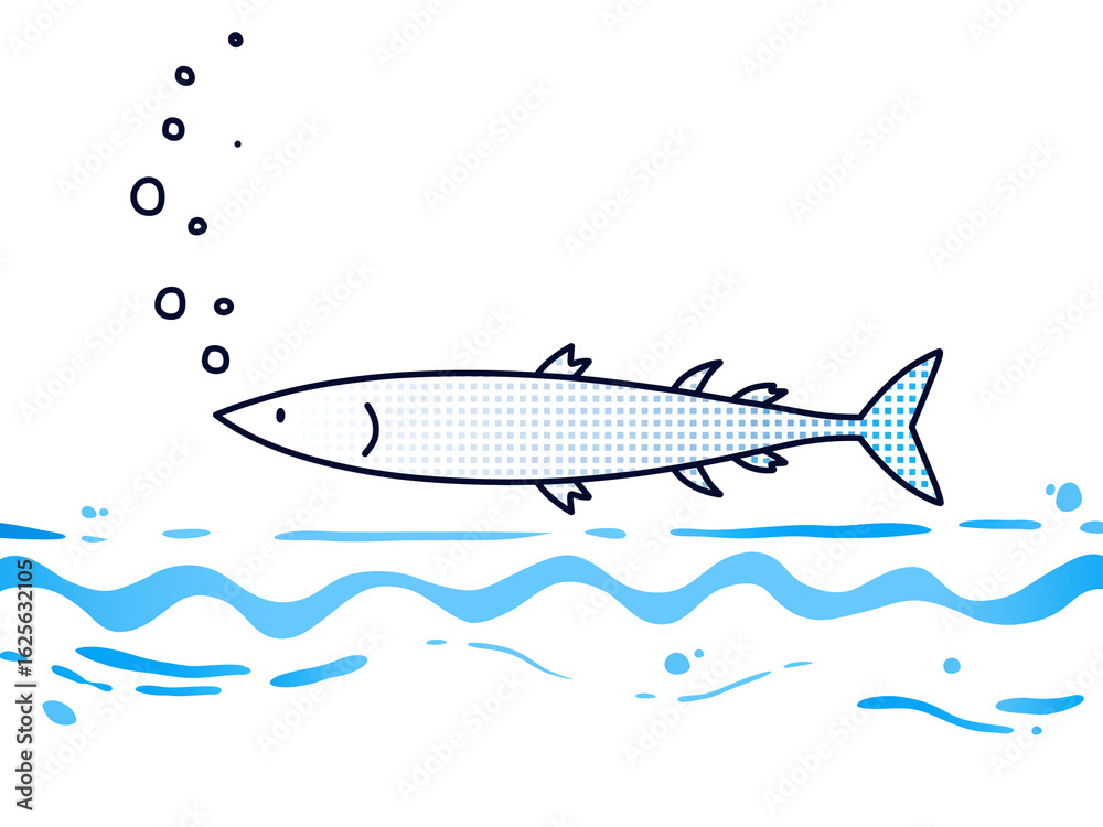 Obraz premium 水中で泳ぐ魚のイラスト - 泡と波が涼しげなイメージ
