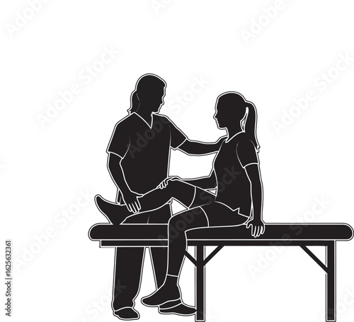 A physical therapist examines a female patient's knee as she sits on a medical table.