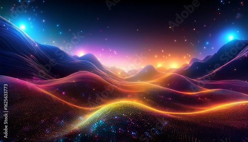 vibrant abstract landscape with glowing particles in darkness