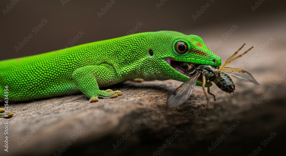 Fototapeta premium Emerald Predator, A Vibrant Green Gecko Engulfs its Insect Prey in Close-Up Detail