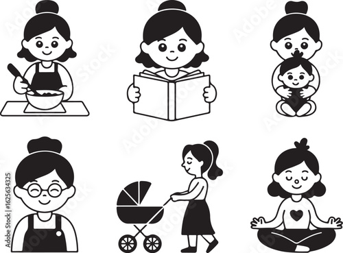 Motherhood moments happy mom cooking baby reading and meditating