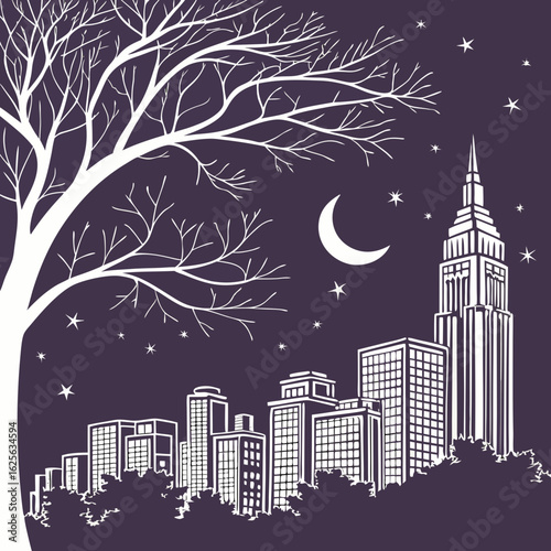 "Night city skyline seamless pattern with crescent moon and stars, black outlines on dark background, dreamy urban atmosphere, vector format"
