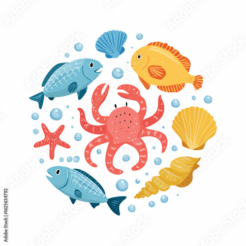 Whimsical Underwater Circle: A Cheerful Gathering of Marine Life in Cartoon Style Illustration