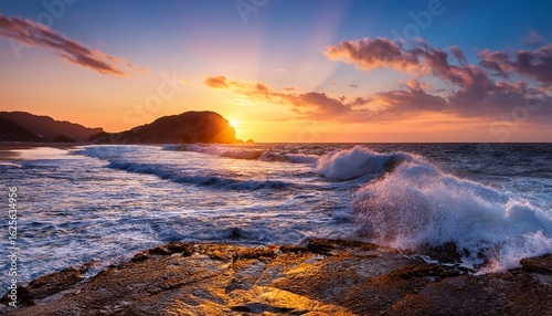 stunning dalian coastal landscape with crashing waves and vibrant sunset hues