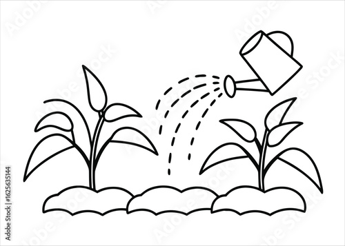 Artistic single line drawing depicting someone gently watering houseplants with a delicate touch and minimalist style