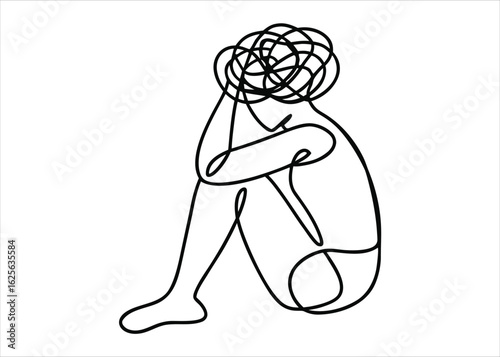 A singular flowing line art depiction of a human figure expressing a state of bewilderment or deep thought