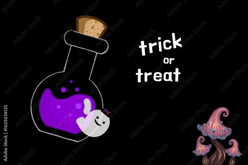 Obraz premium Halloween Potion with Ghost and Magical Mushrooms. Perfect for greeting cards, invitations, decorations, social media posts, and product designs related to Halloween celebrations.