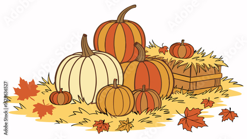 Autumn Harvest Display Illustration with Pumpkins, Gourds, Hay, and Scattered Fall Leaves for Seasonal Decor