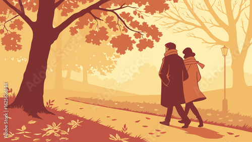 Couple Walking in Autumn Park with Falling Leaves and Golden Light, Romantic Fall Stroll Illustration