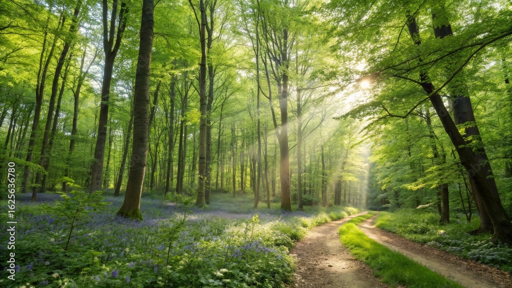 Obraz premium Sunlit Path Through Spring Forest