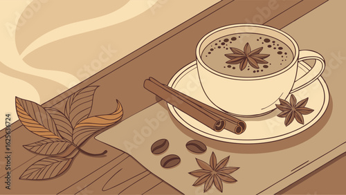 Cozy Spiced Hot Drink Illustration with Cinnamon, Star Anise, and Coffee Beans. Warm Monochromatic Beverage Art for Autumn and Winter Comfort.