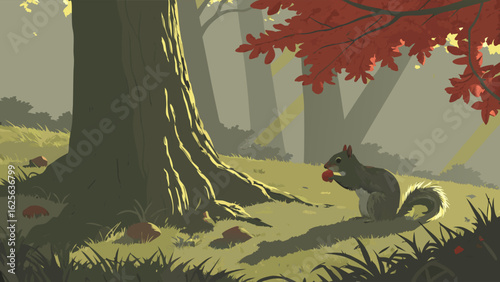 Sunlit Autumn Forest Illustration with a Cute Squirrel Foraging Amidst Red Leaves and Misty Beams