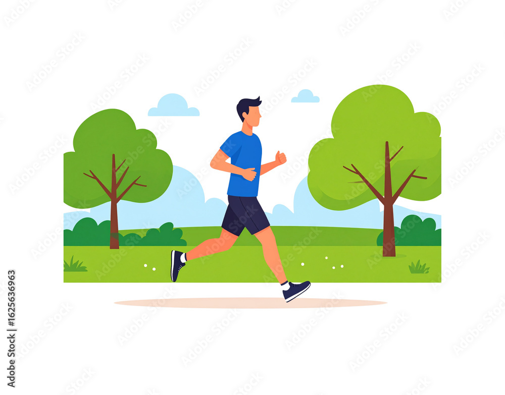 Athletic young man with dark hair in a running pose wearing a blue shirt and dark shorts. Athletic young man with dark hair in a running pose wearing a blue shirt and dark shorts.