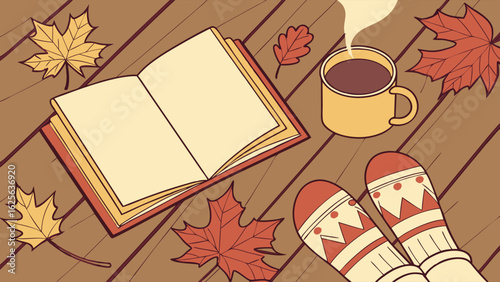 Cozy Autumn Scene with Open Book, Steaming Mug, and Warm Socks on Wooden Floor Amidst Fall Leaves - Perfect for Relaxation and Hygge