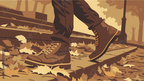Autumn City Stroll: Person in Boots Walking on Fallen Leaves on a Sidewalk with Sepia-Toned Urban Background