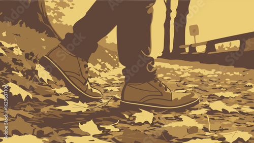 Autumn Walk in Sepia: Close-Up Illustration of Person's Legs and Feet Strolling Through Fallen Leaves on a Park Path, Evoking Tranquility and Seaso...