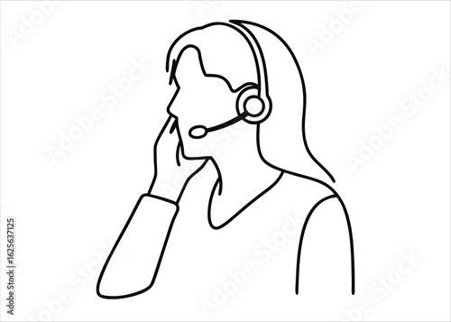 Elegant single line illustration of a woman in a professional call center setting conveying helpfulness and communication
