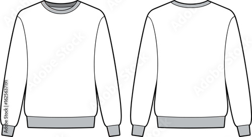 Basic crew neck sweatshirt flat sketch, front and back view, casual wear template, fashion design drawing for apparel designers