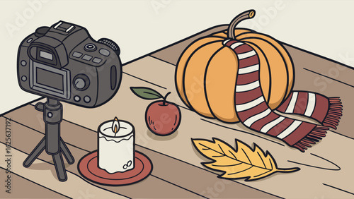 Seasonal Autumn Photography Scene: DSLR Camera, Cozy Pumpkin, Apple, Candle, and Fall Leaves on a Wooden Surface Illustration
