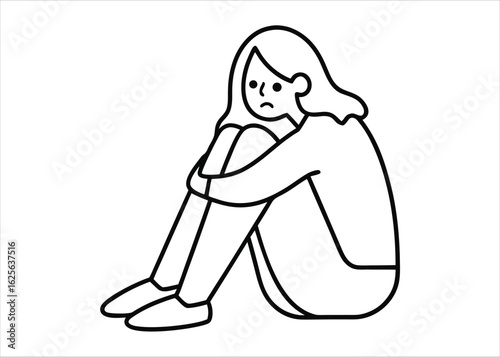 Melancholy woman single line art illustration depicting sadness and solitude for emotional themed designs